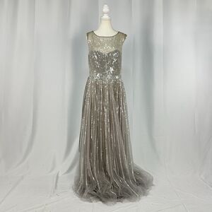 Montage Mon Cheri Striped Sequin Tulle Prom Dress Sleeveless Party Gown Size 12